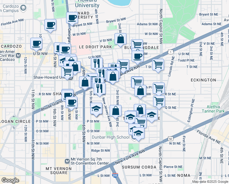 map of restaurants, bars, coffee shops, grocery stores, and more near 307 R Street Northwest in Washington