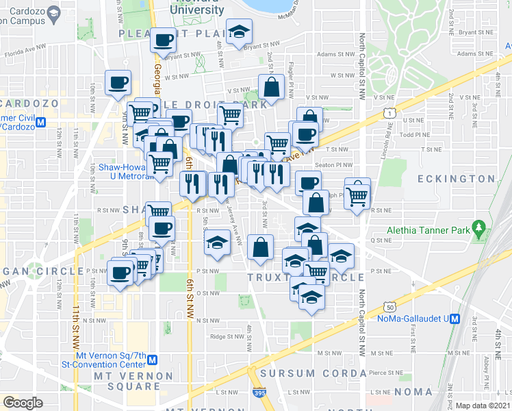 map of restaurants, bars, coffee shops, grocery stores, and more near 311 R Street Northwest in Washington