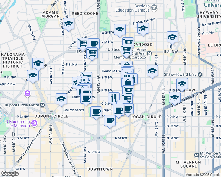 map of restaurants, bars, coffee shops, grocery stores, and more near 1700 15th Street Northwest in Washington