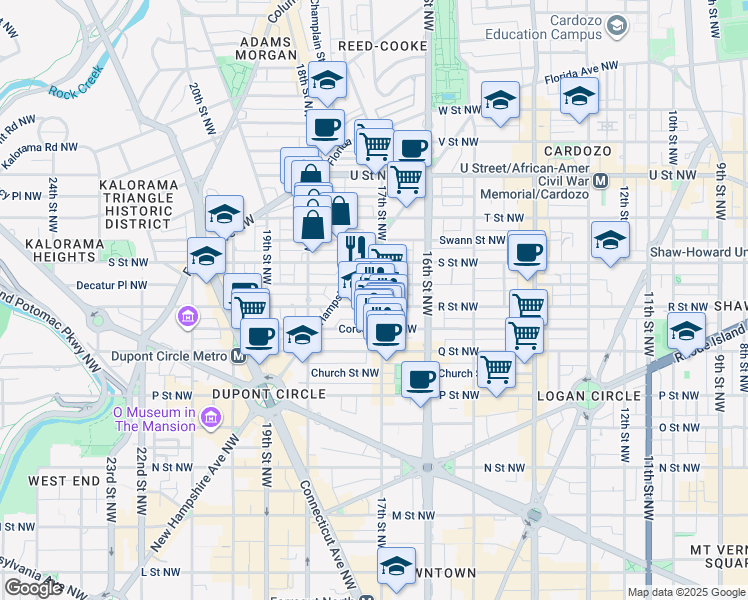 map of restaurants, bars, coffee shops, grocery stores, and more near 1700 17th Street Northwest in Washington