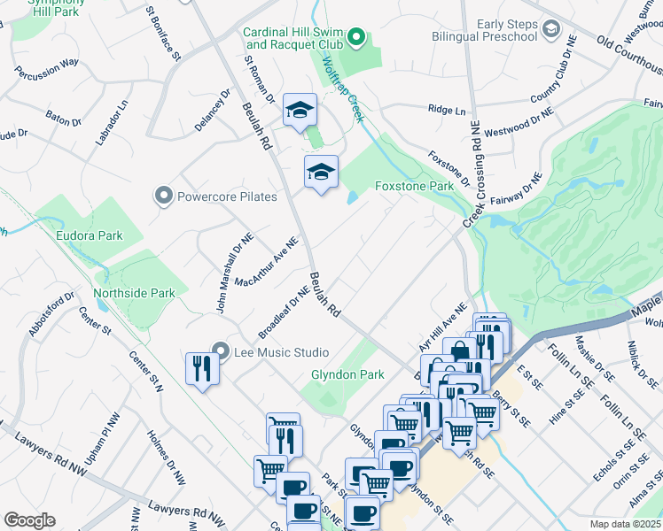 map of restaurants, bars, coffee shops, grocery stores, and more near 432 Druid Hill Road Northeast in Vienna