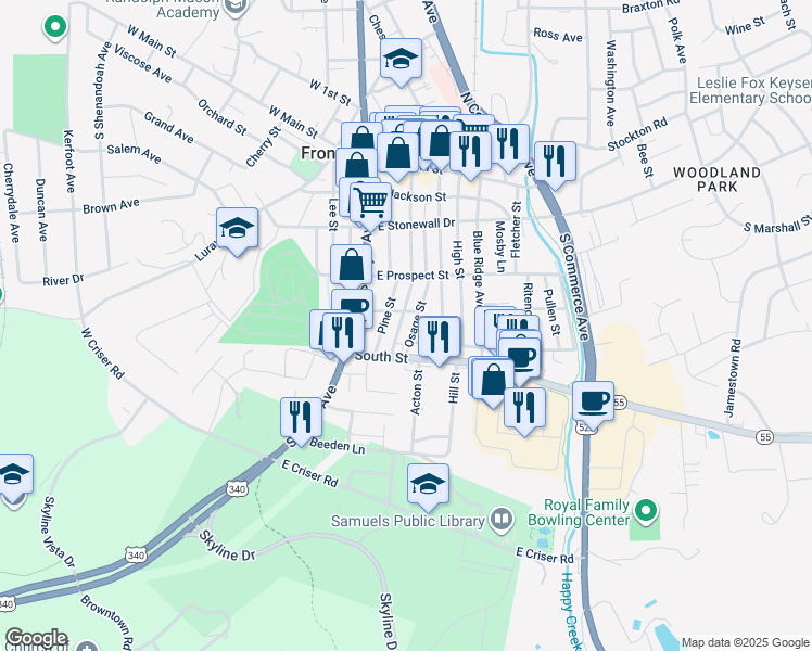 map of restaurants, bars, coffee shops, grocery stores, and more near 347 Osage Street in Front Royal