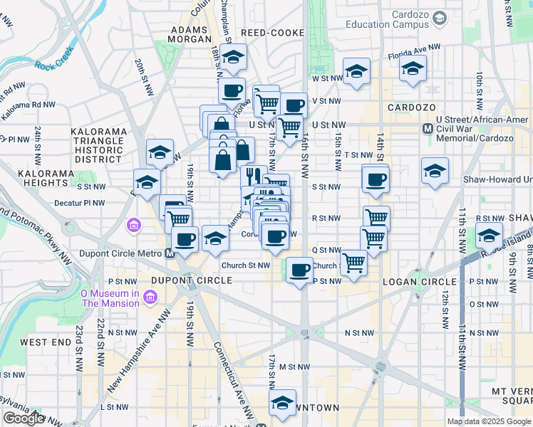 map of restaurants, bars, coffee shops, grocery stores, and more near 1700 17th Street Northwest in Washington