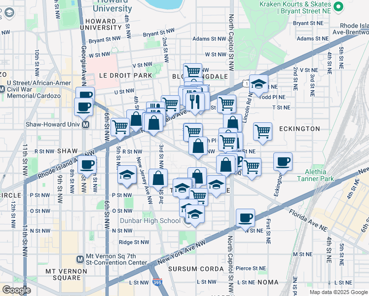 map of restaurants, bars, coffee shops, grocery stores, and more near 123 R Street Northwest in Washington