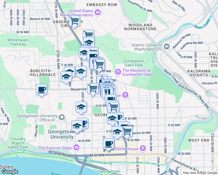 map of restaurants, bars, coffee shops, grocery stores, and more near 3233 Reservoir Road Northwest in Washington