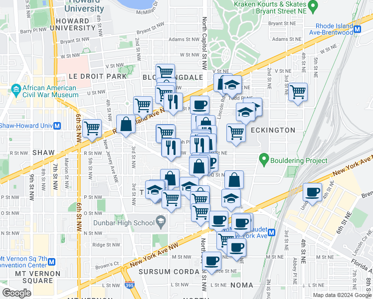 map of restaurants, bars, coffee shops, grocery stores, and more near 45 R Street Northwest in Washington