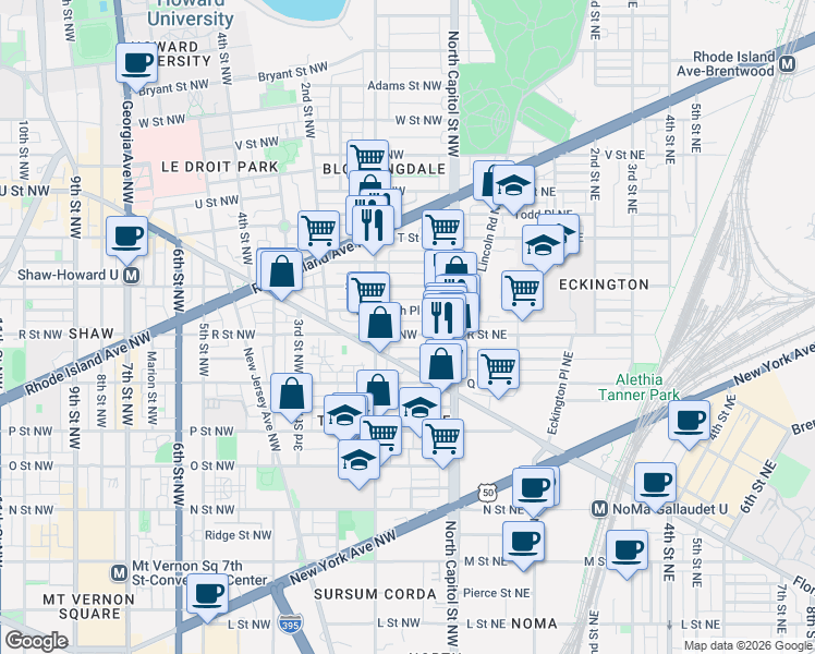 map of restaurants, bars, coffee shops, grocery stores, and more near 101 Independence Avenue Southeast in Washington