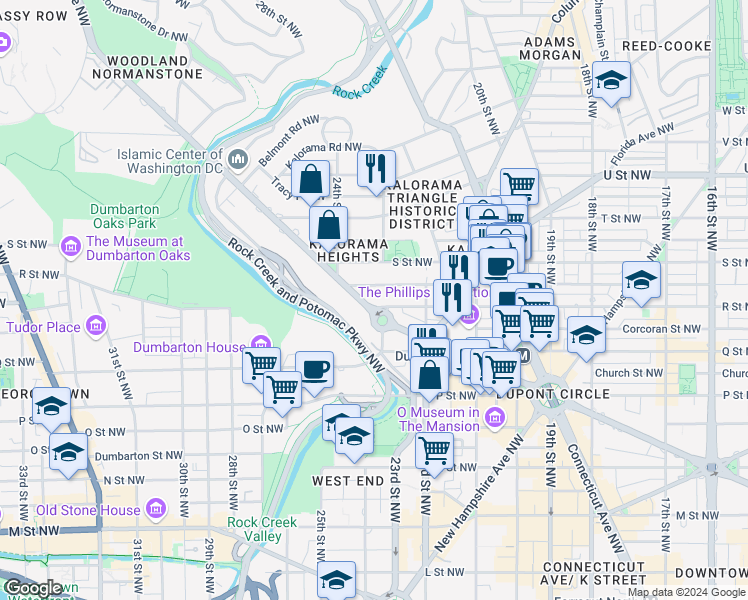 map of restaurants, bars, coffee shops, grocery stores, and more near 2301 Massachusetts Avenue Northwest in Washington