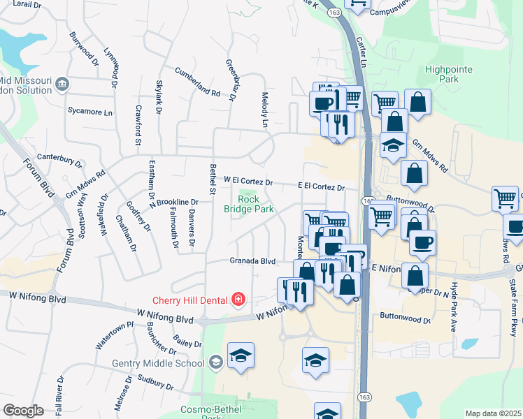 map of restaurants, bars, coffee shops, grocery stores, and more near 114 Miramar Lane in Columbia