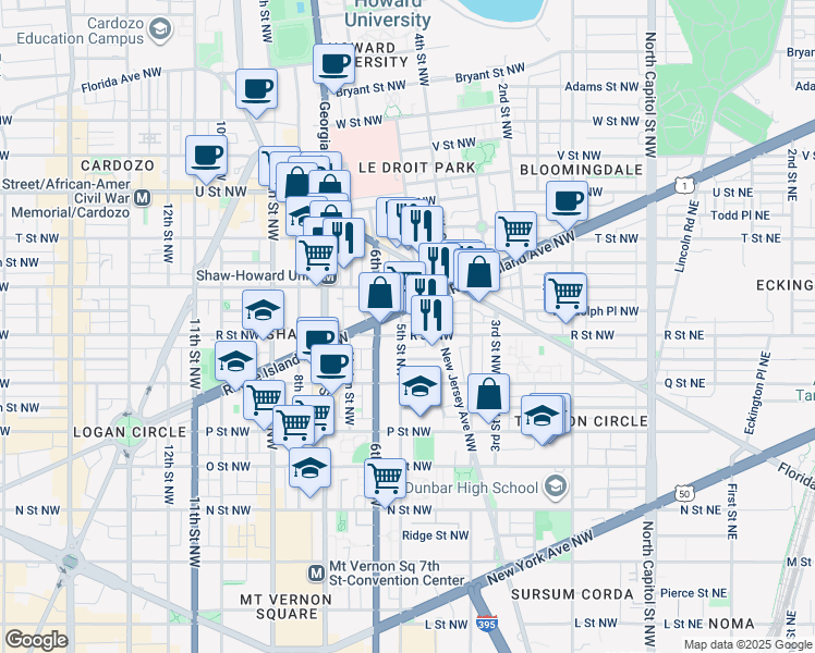 map of restaurants, bars, coffee shops, grocery stores, and more near 449 R Street Northwest in Washington