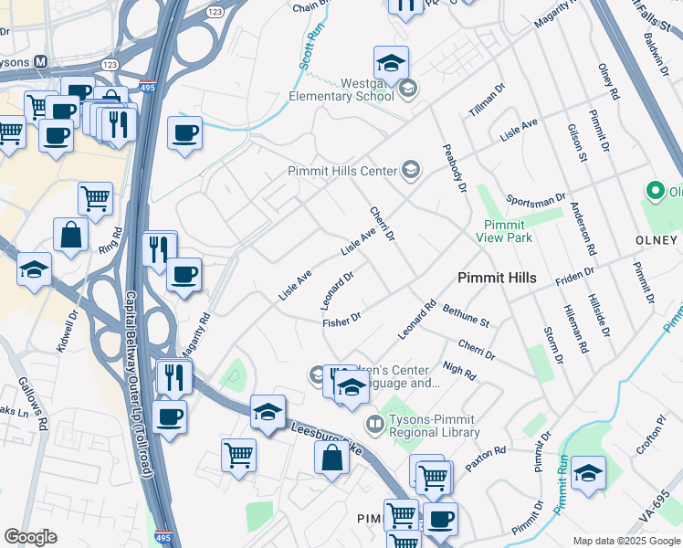 map of restaurants, bars, coffee shops, grocery stores, and more near 7608 Leonard Drive in Falls Church