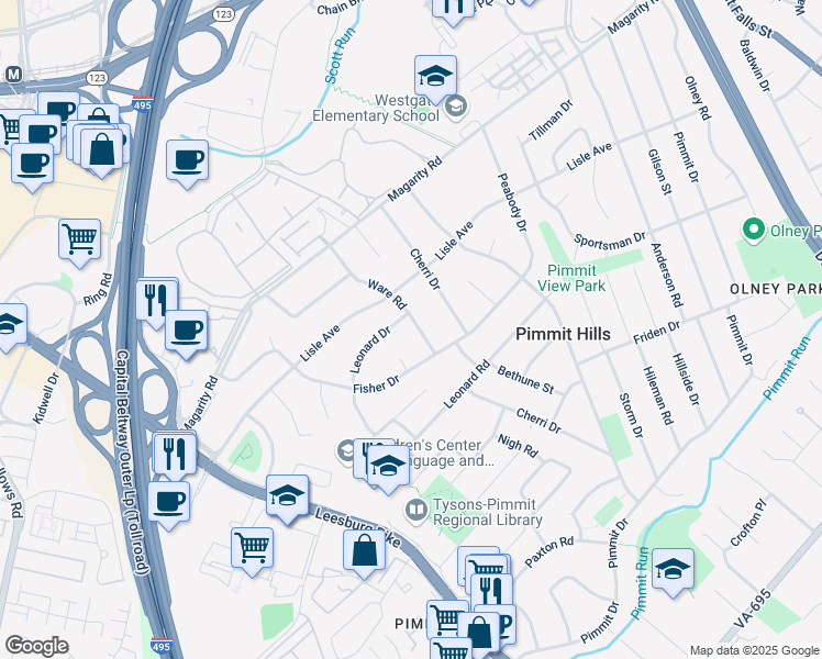 map of restaurants, bars, coffee shops, grocery stores, and more near 1922 Ware Road in Falls Church