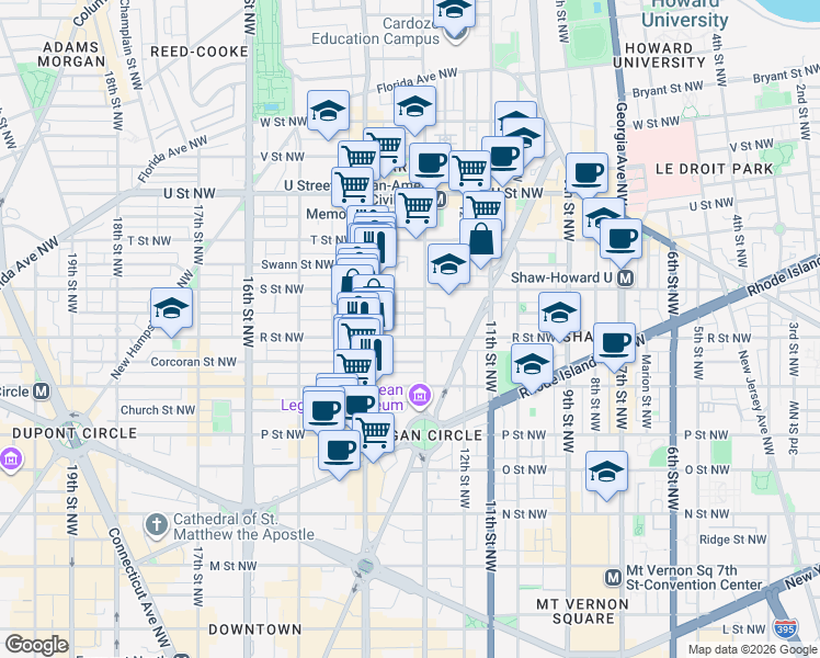 map of restaurants, bars, coffee shops, grocery stores, and more near 1313 R Street Northwest in Washington