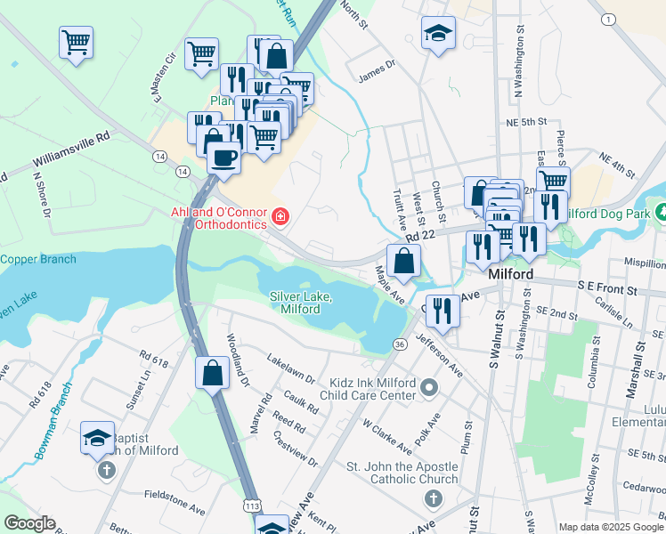 map of restaurants, bars, coffee shops, grocery stores, and more near 520 Northwest Front Street in Milford