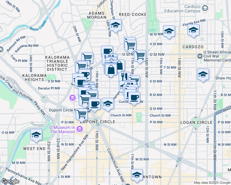 map of restaurants, bars, coffee shops, grocery stores, and more near 1759 R Street Northwest in Washington