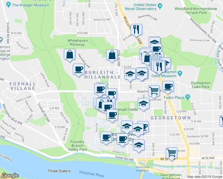 map of restaurants, bars, coffee shops, grocery stores, and more near 3729 Reservoir Road Northwest in Washington