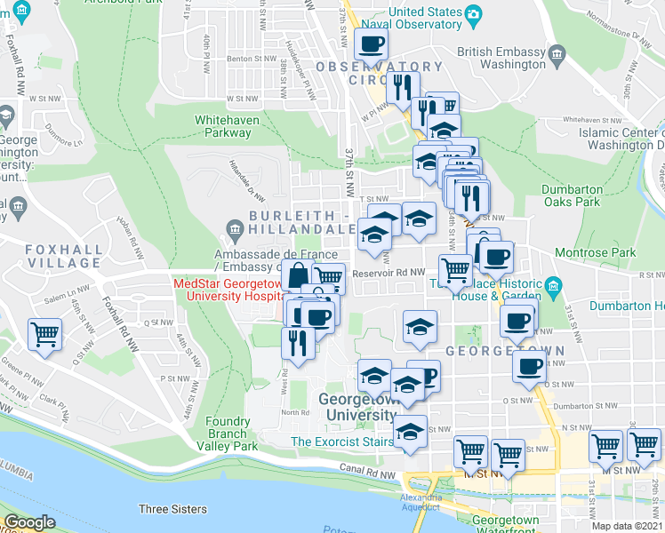map of restaurants, bars, coffee shops, grocery stores, and more near 3723 Reservoir Road Northwest in Washington