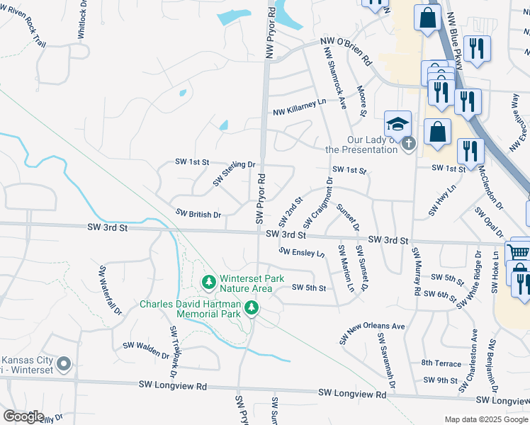map of restaurants, bars, coffee shops, grocery stores, and more near 201 Southwest Pryor Road in Lee's Summit