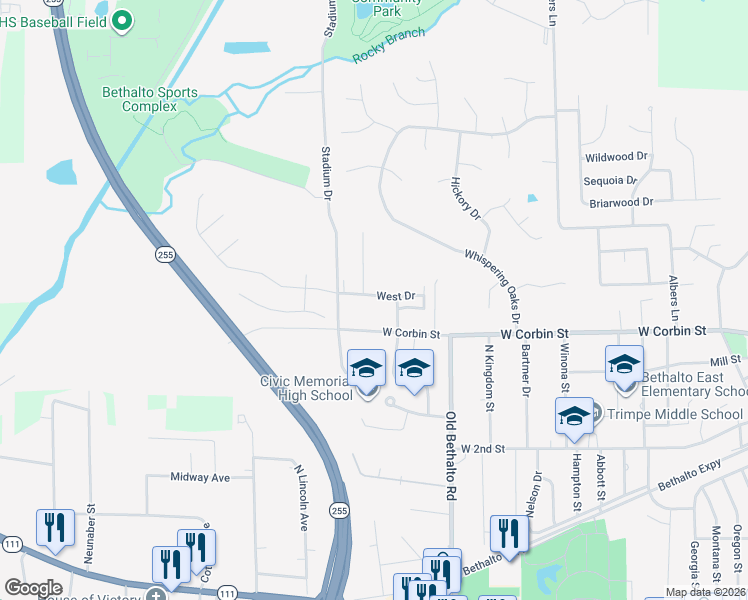 map of restaurants, bars, coffee shops, grocery stores, and more near 1423 West Drive in Bethalto