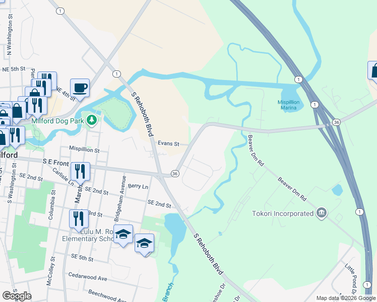 map of restaurants, bars, coffee shops, grocery stores, and more near 22 Cedar Beach Road in Milford
