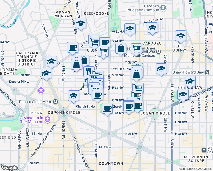map of restaurants, bars, coffee shops, grocery stores, and more near 1704 16th Street Northwest in Washington