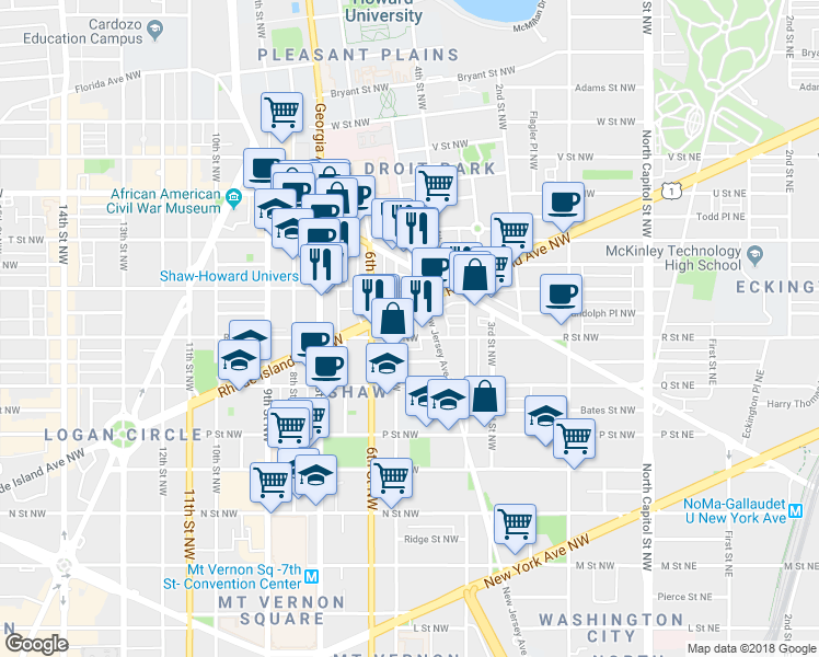 map of restaurants, bars, coffee shops, grocery stores, and more near 435 R Street Northwest in Washington
