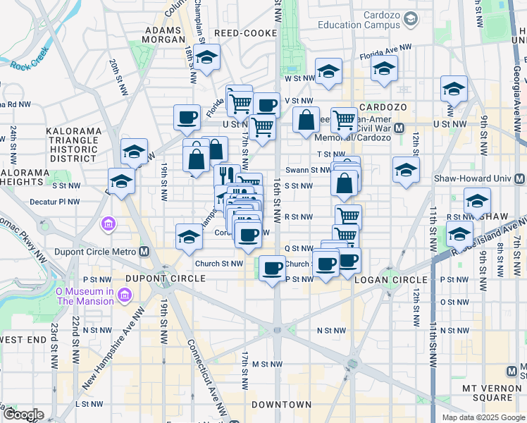 map of restaurants, bars, coffee shops, grocery stores, and more near 1619 R Street Northwest in Washington