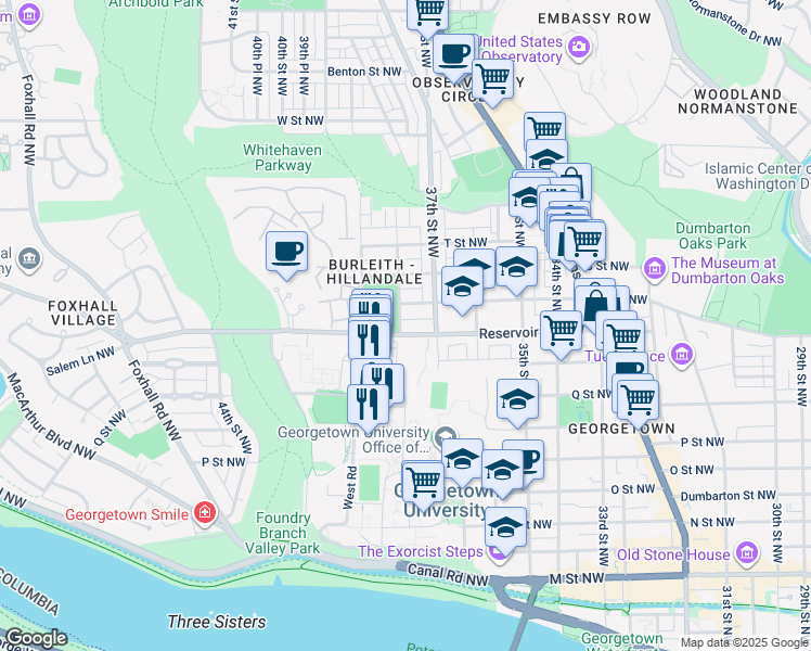 map of restaurants, bars, coffee shops, grocery stores, and more near 3729 Reservoir Road Northwest in Washington