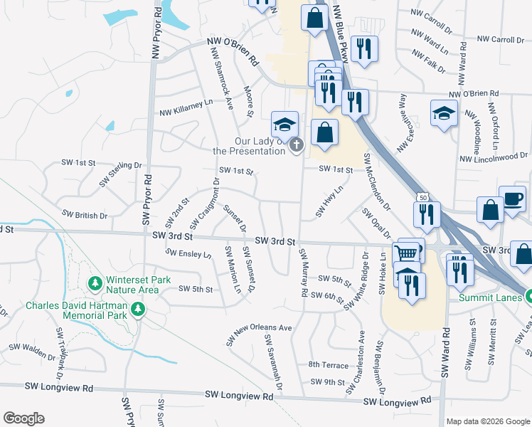 map of restaurants, bars, coffee shops, grocery stores, and more near 202 Southwest Pinnell Drive in Lee's Summit