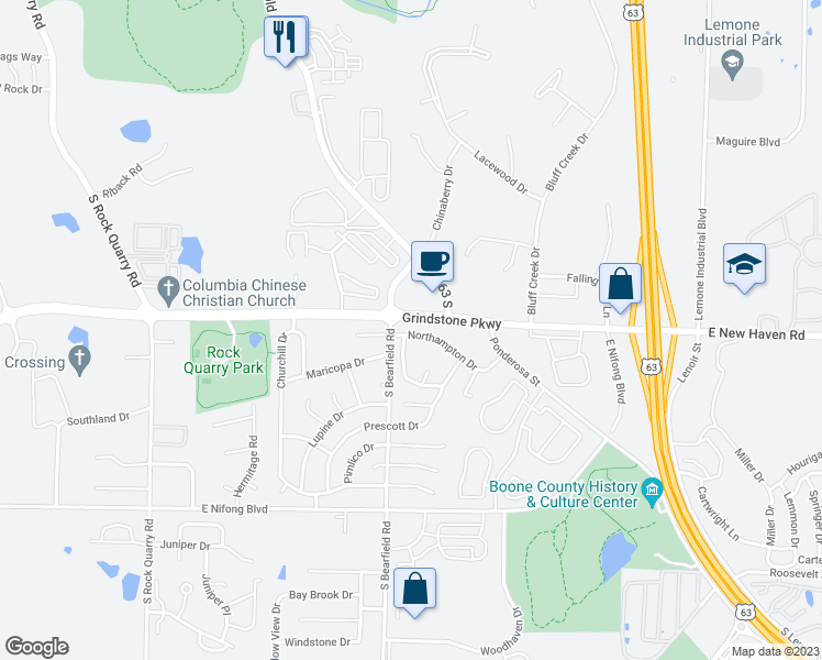 map of restaurants, bars, coffee shops, grocery stores, and more near 2411 Northampton Drive in Columbia