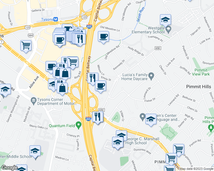 map of restaurants, bars, coffee shops, grocery stores, and more near 7839 Enola Street in McLean