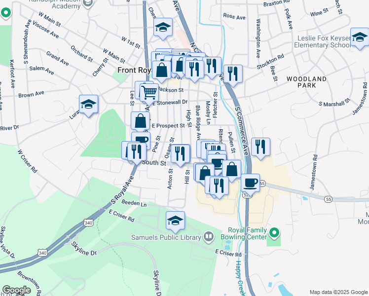 map of restaurants, bars, coffee shops, grocery stores, and more near 344 Cloud Street in Front Royal