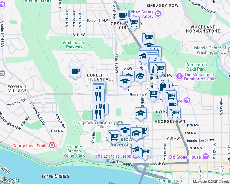map of restaurants, bars, coffee shops, grocery stores, and more near 3705 Reservoir Road Northwest in Washington