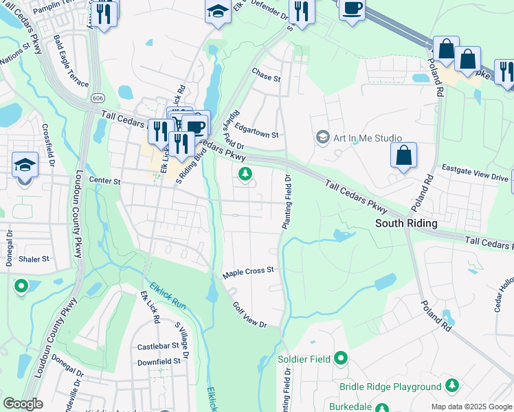 map of restaurants, bars, coffee shops, grocery stores, and more near 43211 Center Street in Chantilly