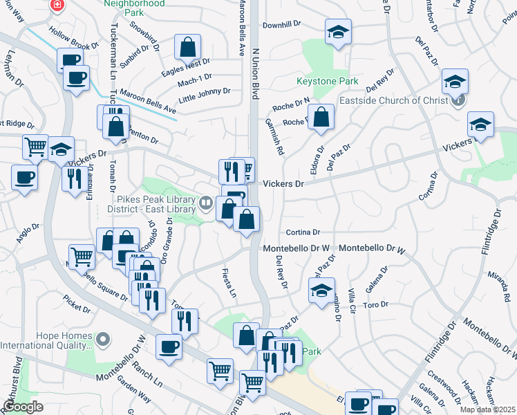 map of restaurants, bars, coffee shops, grocery stores, and more near 5543 North Union Boulevard in Colorado Springs