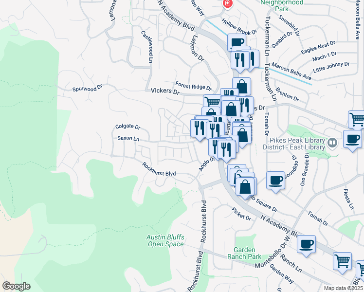 map of restaurants, bars, coffee shops, grocery stores, and more near 1812 Erin Loop in Colorado Springs