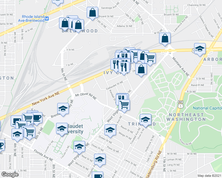 map of restaurants, bars, coffee shops, grocery stores, and more near 101 Independence Avenue Southeast in Washington