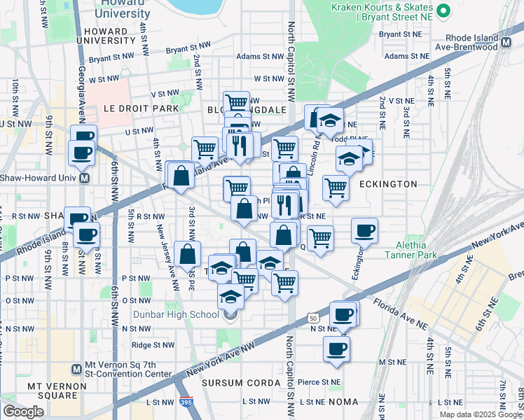map of restaurants, bars, coffee shops, grocery stores, and more near 101 Independence Avenue Southeast in Washington