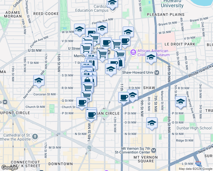 map of restaurants, bars, coffee shops, grocery stores, and more near 1709 13th Street Northwest in Washington