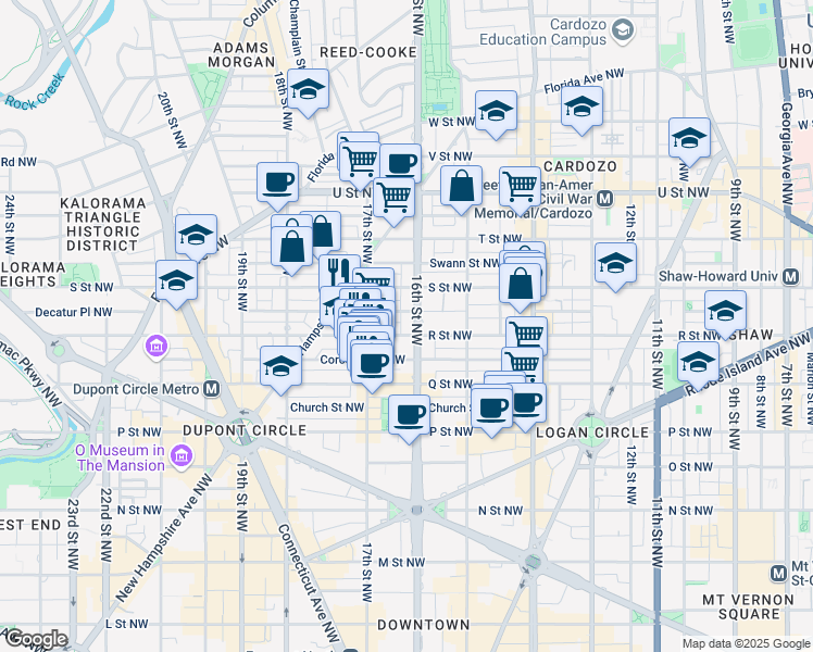 map of restaurants, bars, coffee shops, grocery stores, and more near 1704 16th Street Northwest in Washington
