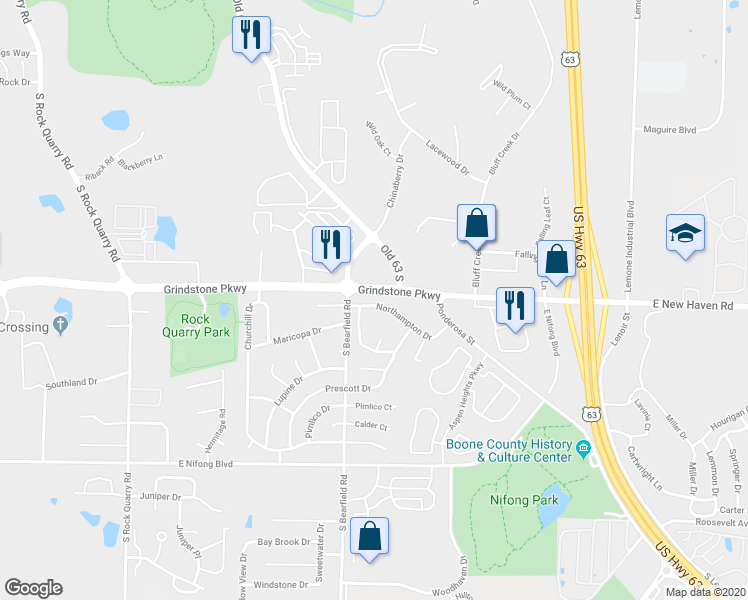 map of restaurants, bars, coffee shops, grocery stores, and more near 2417 Northampton Drive in Columbia