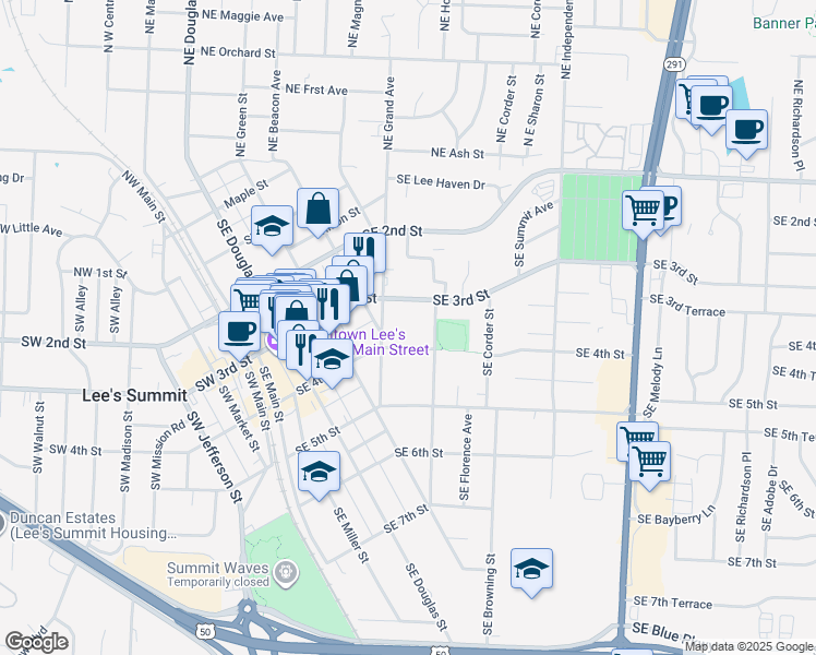 map of restaurants, bars, coffee shops, grocery stores, and more near 311 Southeast Grand Avenue in Lee's Summit