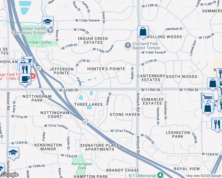 map of restaurants, bars, coffee shops, grocery stores, and more near in Overland Park