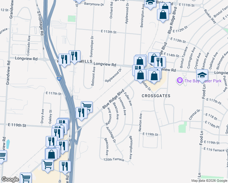map of restaurants, bars, coffee shops, grocery stores, and more near 11612 Blue Ridge Boulevard in Kansas City