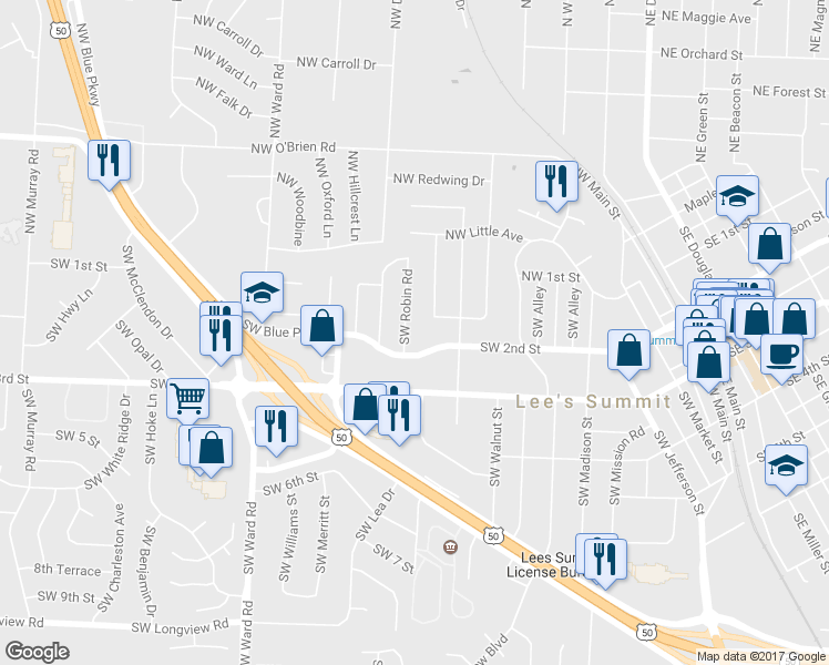 map of restaurants, bars, coffee shops, grocery stores, and more near 119 SW Robin Rd in Lee's Summit
