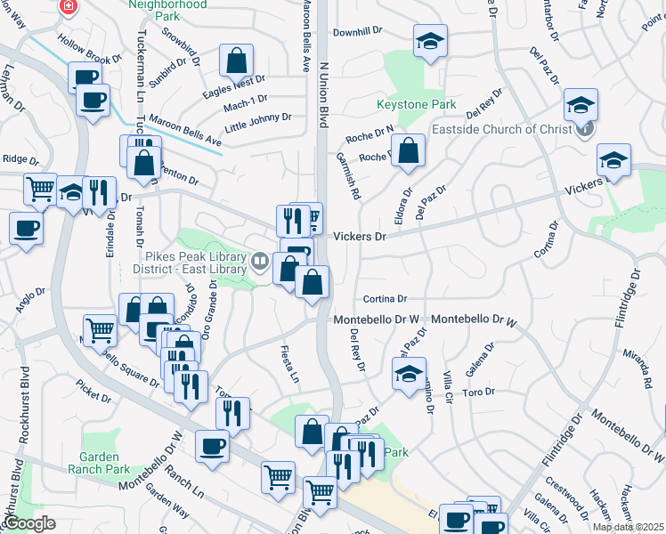 map of restaurants, bars, coffee shops, grocery stores, and more near 5543 North Union Boulevard in Colorado Springs