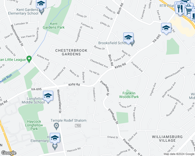 map of restaurants, bars, coffee shops, grocery stores, and more near 1914 Kirby Road in McLean