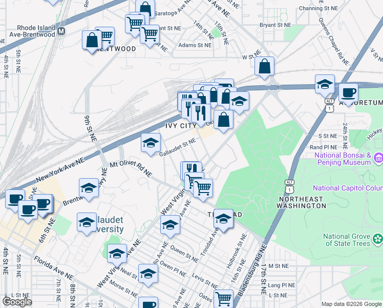 map of restaurants, bars, coffee shops, grocery stores, and more near 1828 Providence Street Northeast in Washington