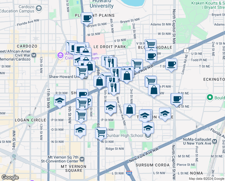 map of restaurants, bars, coffee shops, grocery stores, and more near 1708 New Jersey Avenue Northwest in Washington