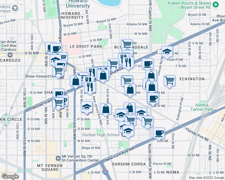 map of restaurants, bars, coffee shops, grocery stores, and more near 216 Florida Avenue Northwest in Washington